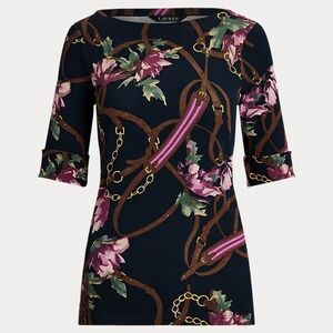 Lauren Ralph Lauren Navy Floral Chain-Print Boatneck Top